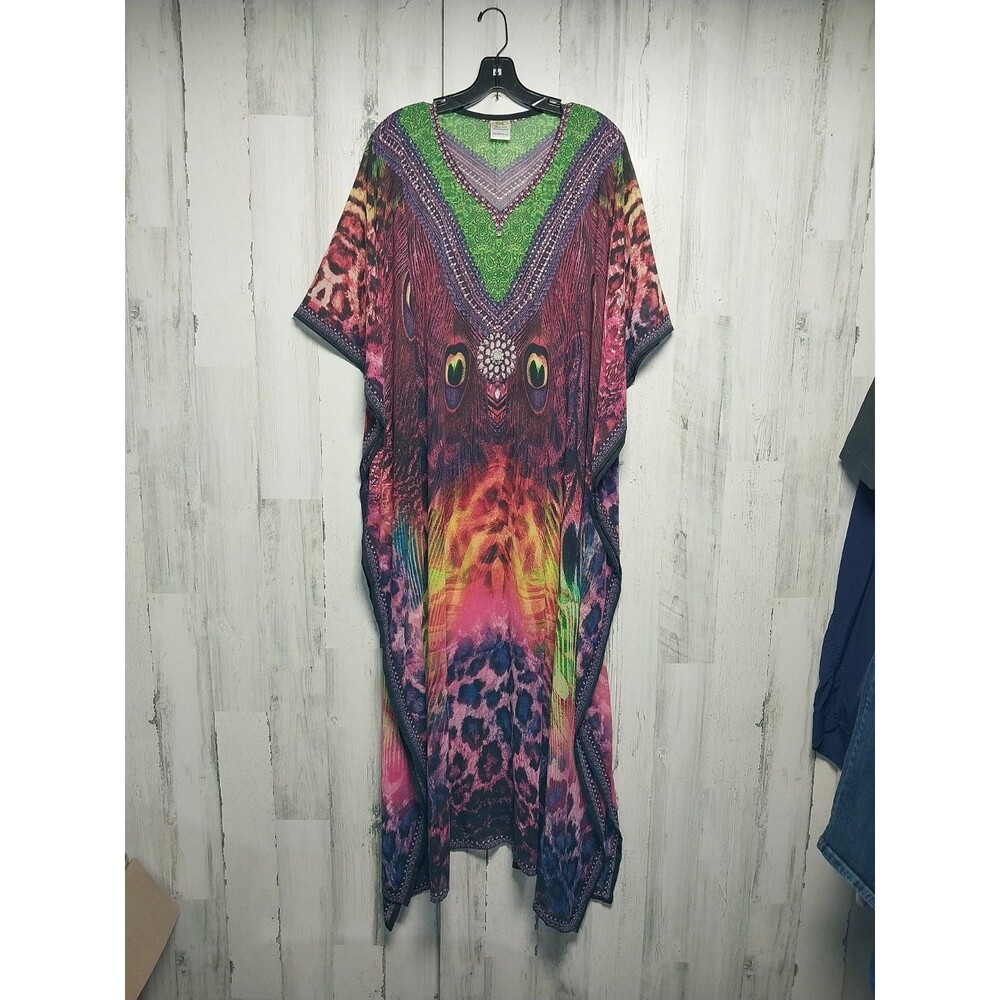 Rima Chiffon Kaftan/cover up tunic jeweled digital print fits all sz S-M-L